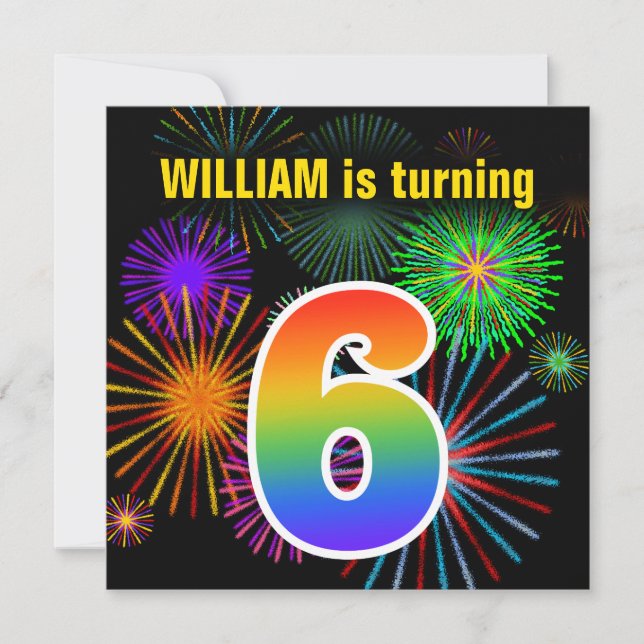 Invitation Fun Fireworks + Rainbow Motif "6" Anniversaire # (Devant)