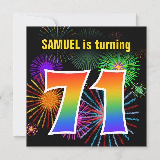 Invitation Fun Fireworks + Rainbow Motif "71" Anniversaire # (Devant)