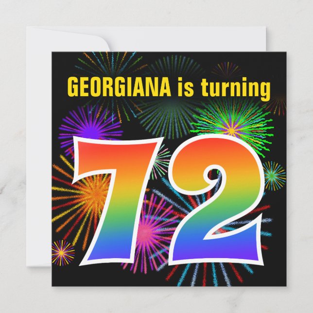 Invitation Fun Fireworks + Rainbow Motif "72" Anniversaire n° (Devant)