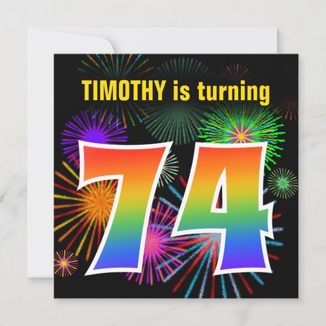 Invitation Fun Fireworks + Rainbow Motif "74" Anniversaire # (Devant)