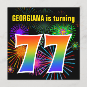 Invitation Fun Fireworks + Rainbow Motif "77" Anniversaire n°