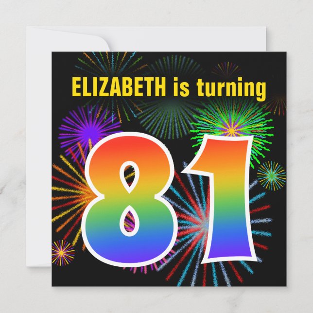 Invitation Fun Fireworks + Rainbow Motif "81" Anniversaire # (Devant)