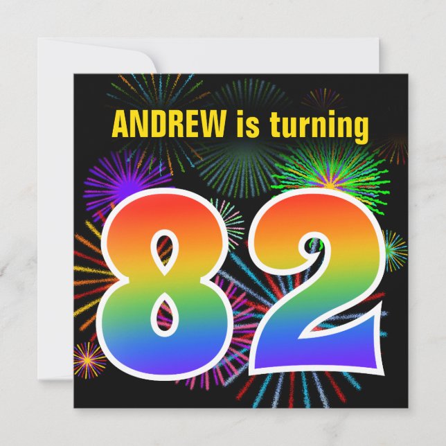 Invitation Fun Fireworks + Rainbow Motif "82" Anniversaire n° (Devant)