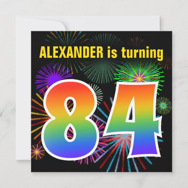 Invitation Fun Fireworks + Rainbow Motif "84" Anniversaire # (Devant)