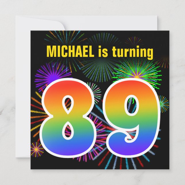 Invitation Fun Fireworks + Rainbow Motif "89" Anniversaire # (Devant)