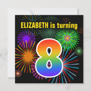 Invitation Fun Fireworks + Rainbow Motif "8" Anniversaire #