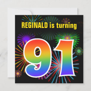 Invitation Fun Fireworks + Rainbow Motif "91" Anniversaire #