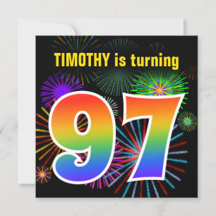 Invitation Fun Fireworks + Rainbow Motif "97" Anniversaire #