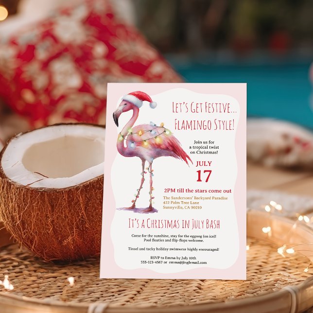 Invitation Fun Flamant rose tropical Noël à la fête de juille (Fun Tropical Flamingo Christmas in July Party Invitation)