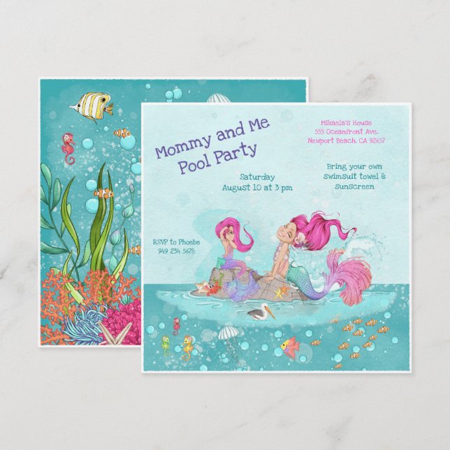 Invitation Fun Fun Fille Pink Coiffure Sirène maman & Me Pool (Devant / Derrière)