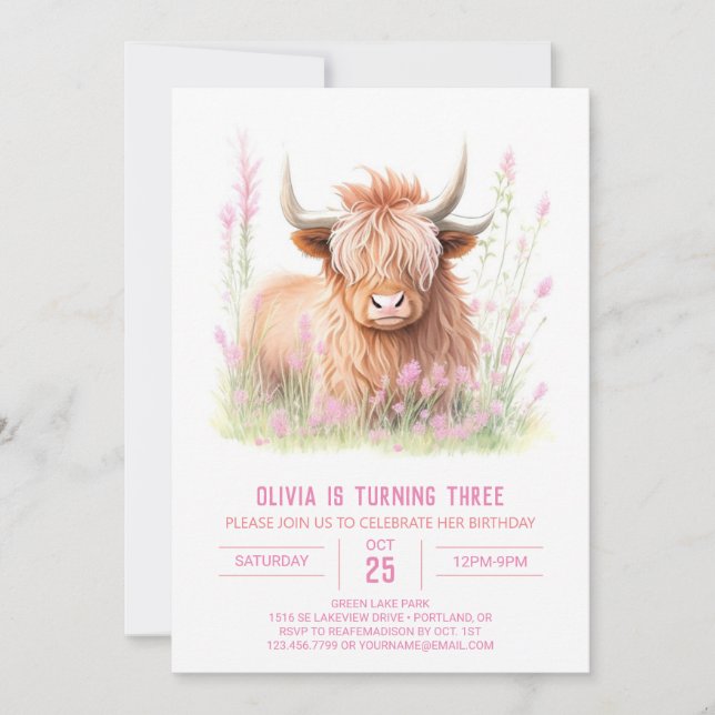 Invitation Fun Fun Highland Cow Girl Anniversaire (Devant)