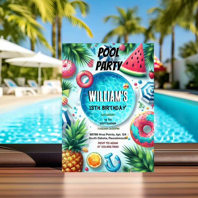 Invitation fun garçon eau bleue Cool Pool Party 13e anniversa (Créateur téléchargé)