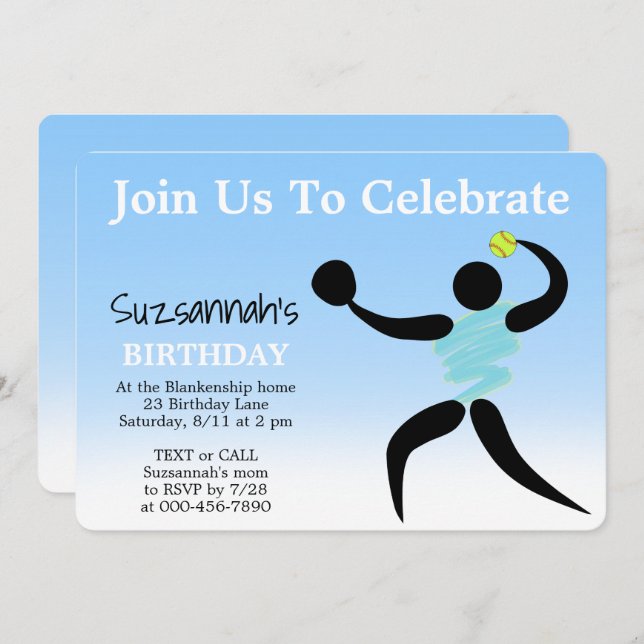 Invitation Fun Girls Softball Custom Birthday Party Invitatio (Devant / Derrière)