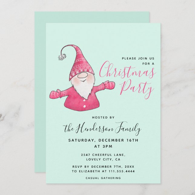 Invitation Fun Gnome Custom Mint Vert et rose Noël (Devant / Derrière)