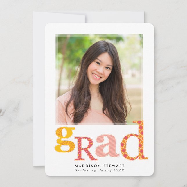 Invitation FUN GRAD chic photo moderne typographie rose jaune (Devant)