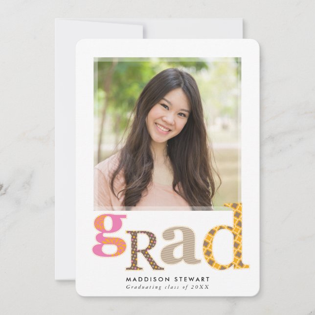 Invitation FUN GRAD chic photo typographie rétro rose brun (Devant)