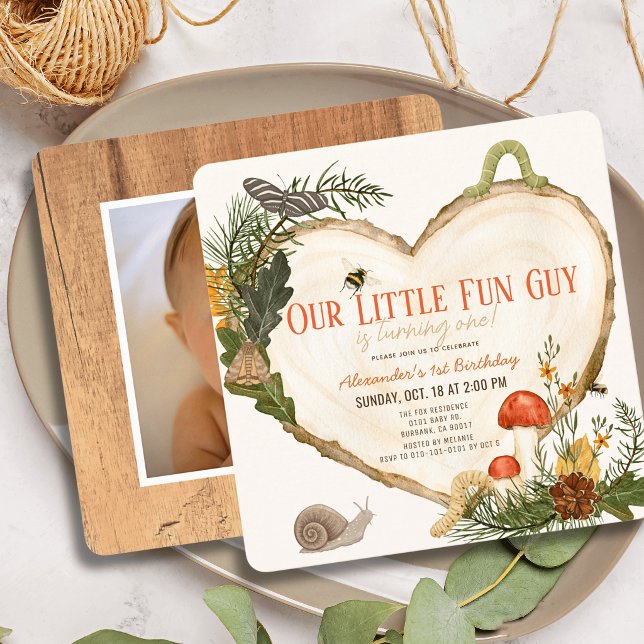Invitation Fun Guy Wood Slice Mushroom Boy Photo 1st Birthday (Créateur téléchargé)