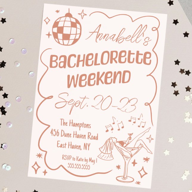 Invitation Fun Hand Drake Disco Bachelorette Party Week-end (hand drawn pink bachelorette party weekend invitation disco champagne theme cute doodle sketch)