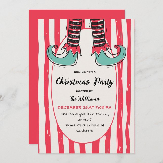 Invitation Fun Hand Drawn Elf Sock Christmas Party (Devant / Derrière)