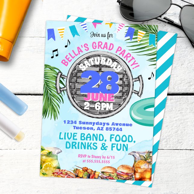 Invitation Fun High School College BBQ Pool Grad Party (Tropical Luau Barbeque Grad Party Pool Party Invitation for High School or College)