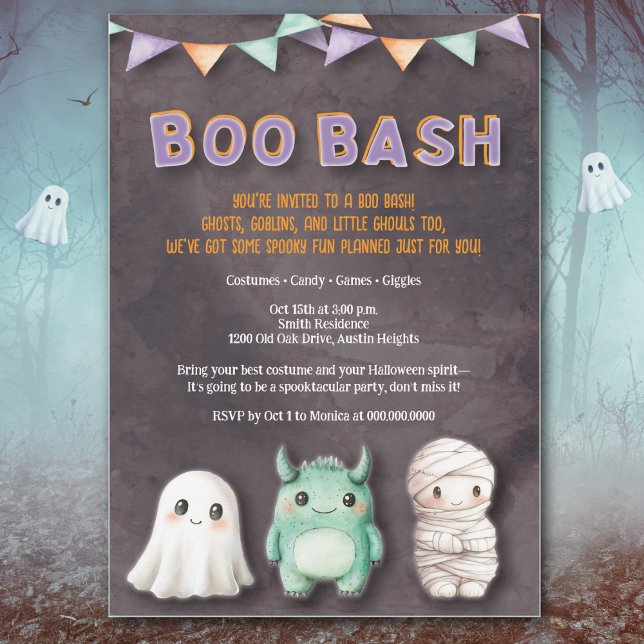 Invitation Fun Kids Halloween (Fun Boo Bash kids Halloween invite with cute ghost, mummy & monster in playful watercolor style.)