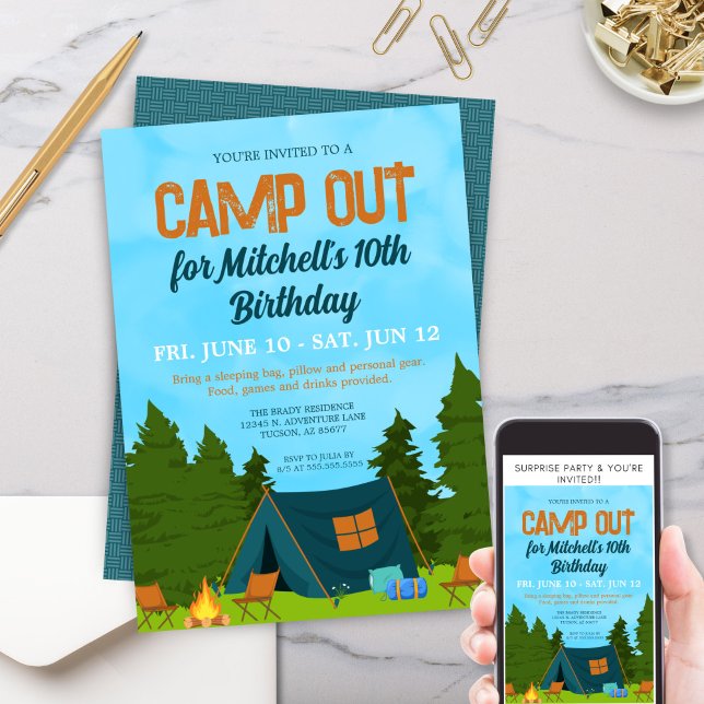 Invitation Fun Kids Tent Camp Out Anniversaire (Personalized camp out birthday party invitation for kids camping theme sleepover adventure outdoors)