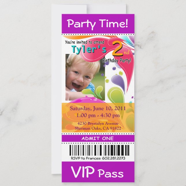 Invitation Fun Kids VIP Pass Événement Ticket Photo Party vio (Devant)