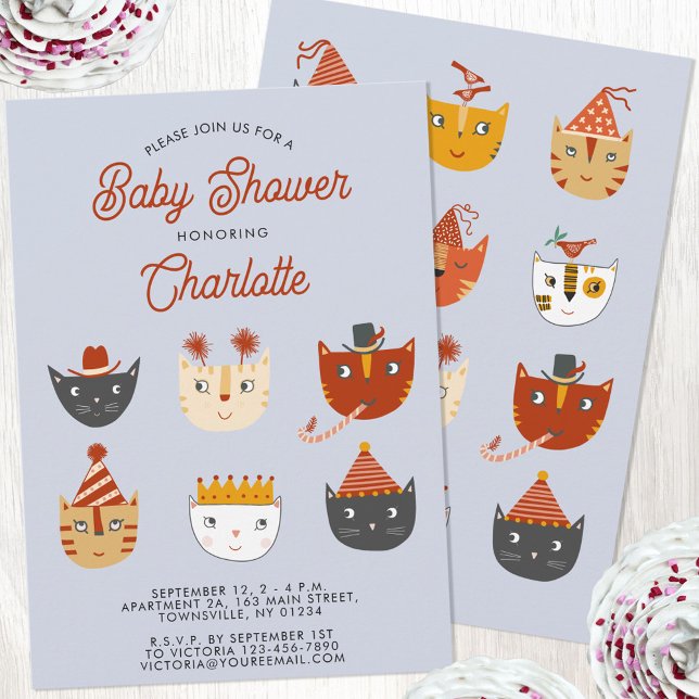 Invitation Fun Kitty Chat Baby shower personnalisé (Cute kitty cat personalized baby shower invitation, gender neutral for a baby boy or girl)