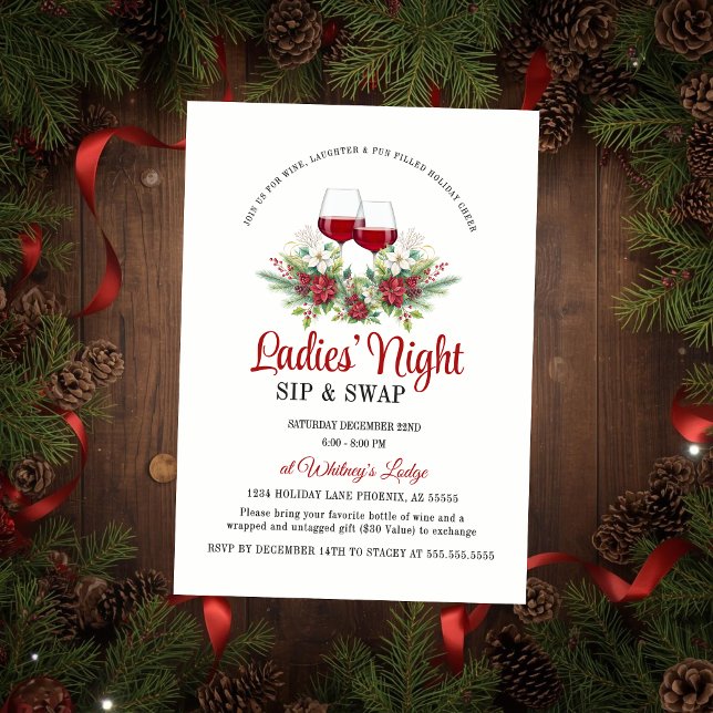 Invitation Fun Modern Christmas Sip & Swap Cocktail Party (Elegant and festive ladies' night sip and swap gift exchange invitation for wine cocktail event)