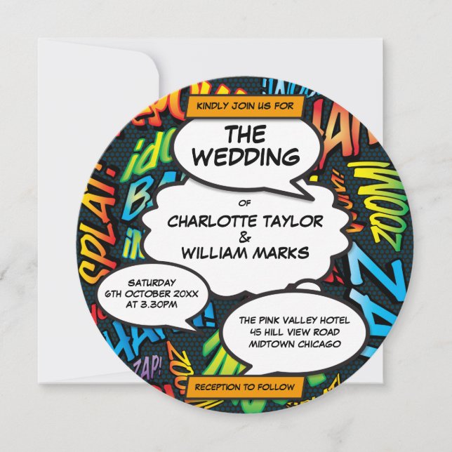 Invitation Fun Modern Comic Book Circle Mariage (Devant)