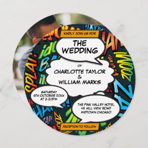 Invitation Fun Modern Comic Book Photo Circle Mariage