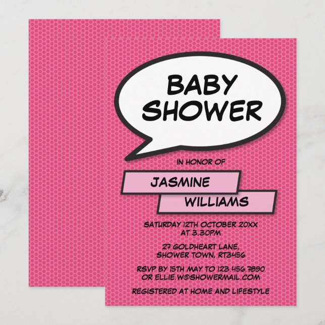 Invitation Fun moderne rose fille Baby shower saupoudrer (Devant / Derrière)