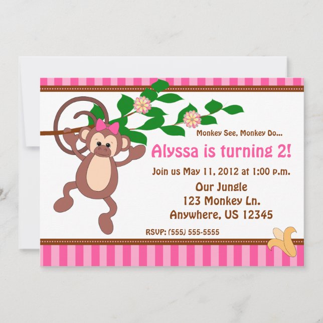 Invitation Fun Monkey Girls Personnalisé Anniversaire Inviati (Devant)