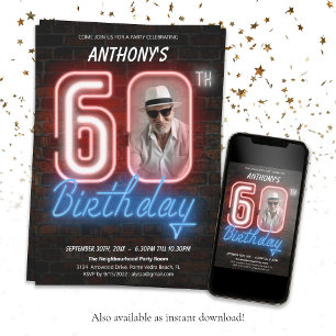 Invitation Fun Neon Retro 60e fête d'anniversaire