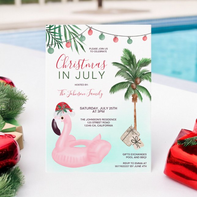Invitation Fun Noël en juillet plage tropicale flamingo (Fun Christmas in July beach tropical flamingo Invitation)