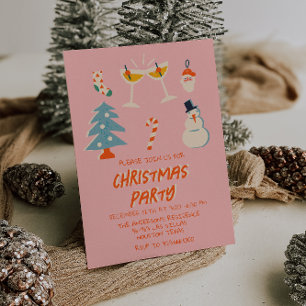 Invitation Fun Noël vintage rose rouge illustré