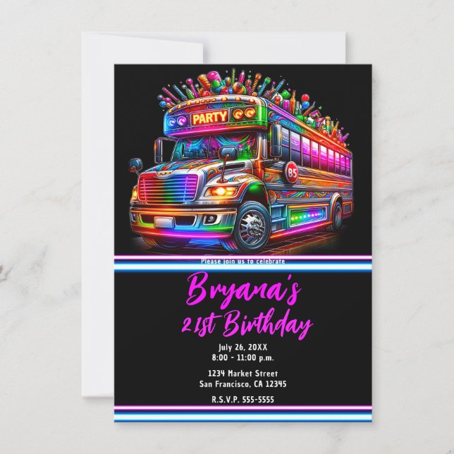 Invitation Fun Party Bus lumineux illuminations Anniversaire (Devant)