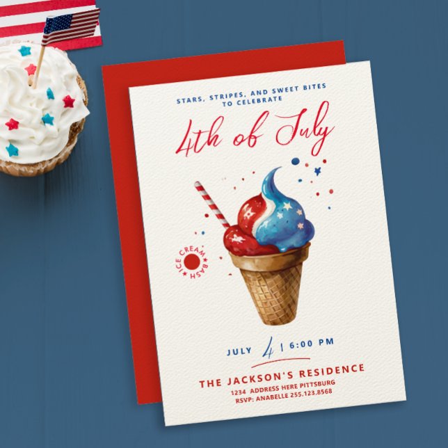 Invitation Fun Patriotic Ice Cream US Drapeau Rouge Aquarelle (Créateur téléchargé)