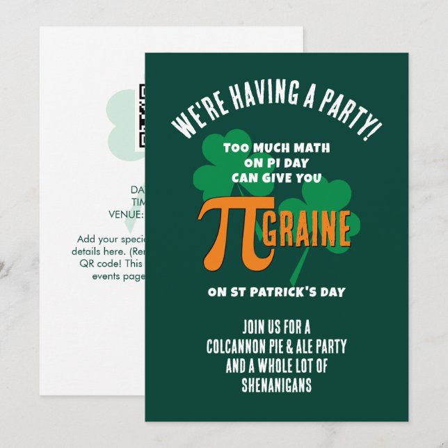 Invitation Fun Pi Day St Patricks Day QR Code Party (Devant / Derrière)