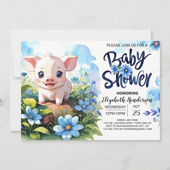 Invitation Fun Pig Baby shower Bleu (Devant)