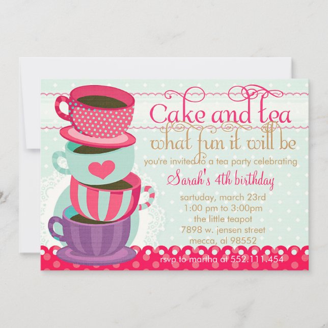 Invitation Fun Pink and Blue Cups Tea Party (Devant)