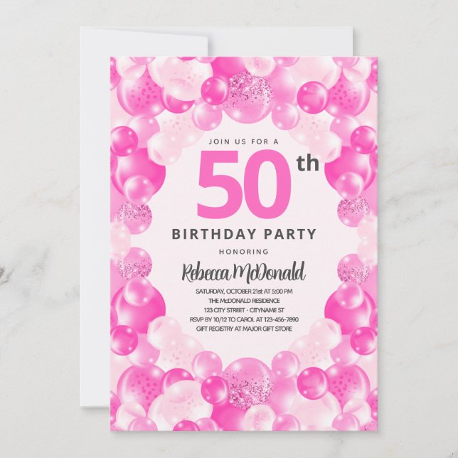Invitation Fun Pink Balloons Faux Parties scintillant 50e ann (Devant)