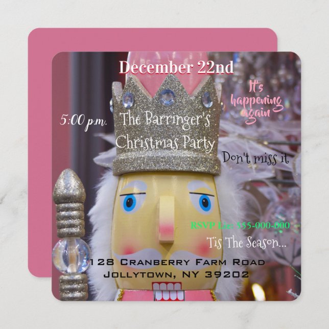 Invitation Fun Pink Nutcracker mignonne fête de Noël (Devant / Derrière)