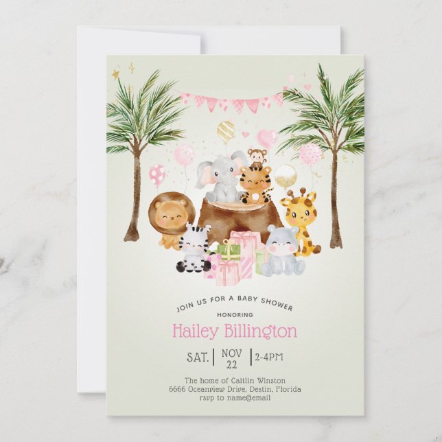 Invitation Fun Pink Safari Jungle Watercolor Baby shower fill (Devant)