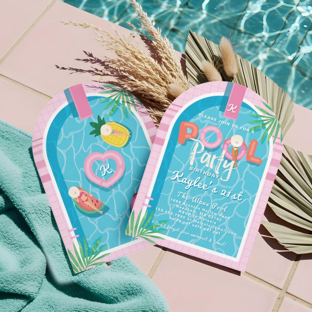 Invitation Fun Pink Tropical Palm Summer Pool Party Anniversa (Fun Pink Tropical Palm Summer Pool Party Birthday Invitation)