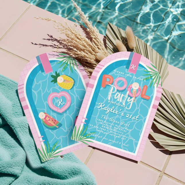 Invitation Fun Pink Tropical Palm Summer Pool Party Anniversa (Fun Pink Tropical Palm Summer Pool Party Birthday Invitation)