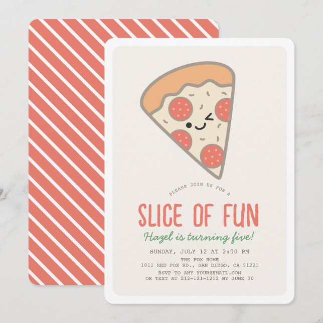 Invitation Fun Pizza Party Kawaii Anniversaire (Devant / Derrière)