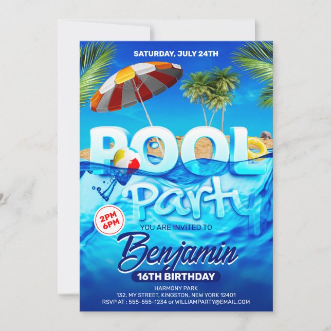Invitation Fun Pool Party Bright Tropical Natation Anniversai (Devant)