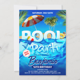 Invitation Fun Pool Party Bright Tropical Natation Anniversai
