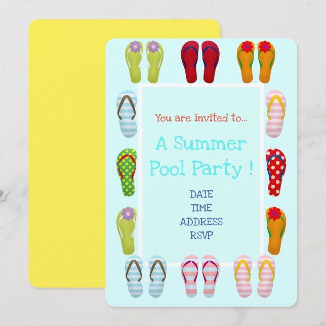 Invitation Fun Pool Party chic et moderne tongs (Devant / Derrière)